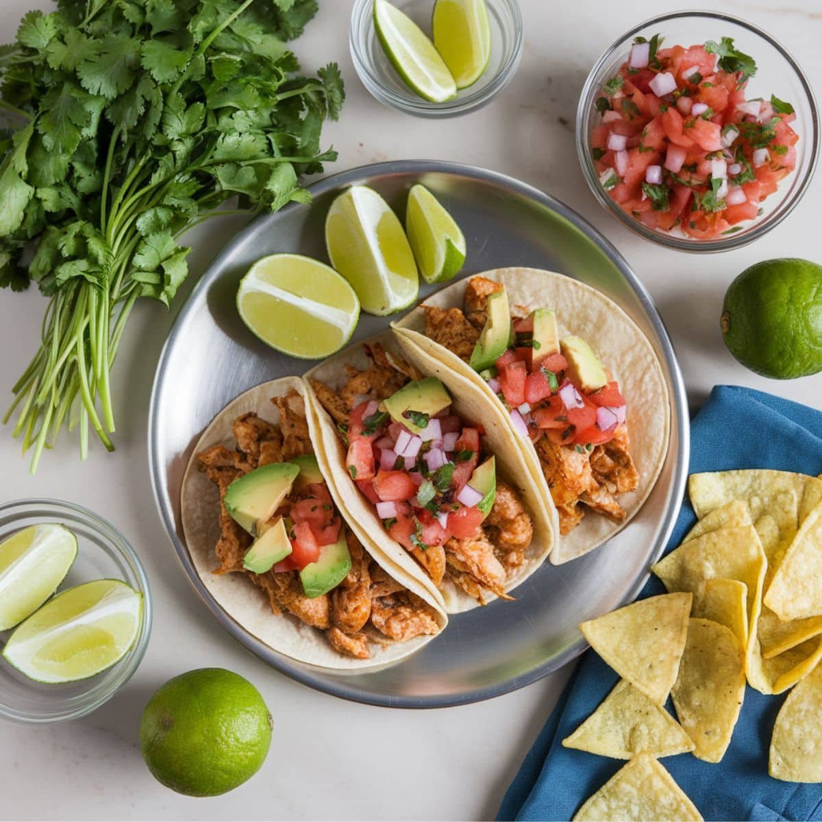 Chicken tacos recipe with shredded chicken, fresh salsa, avocado slices, and lime wedges, served on a plate with tortilla chips and cilantro garnish.