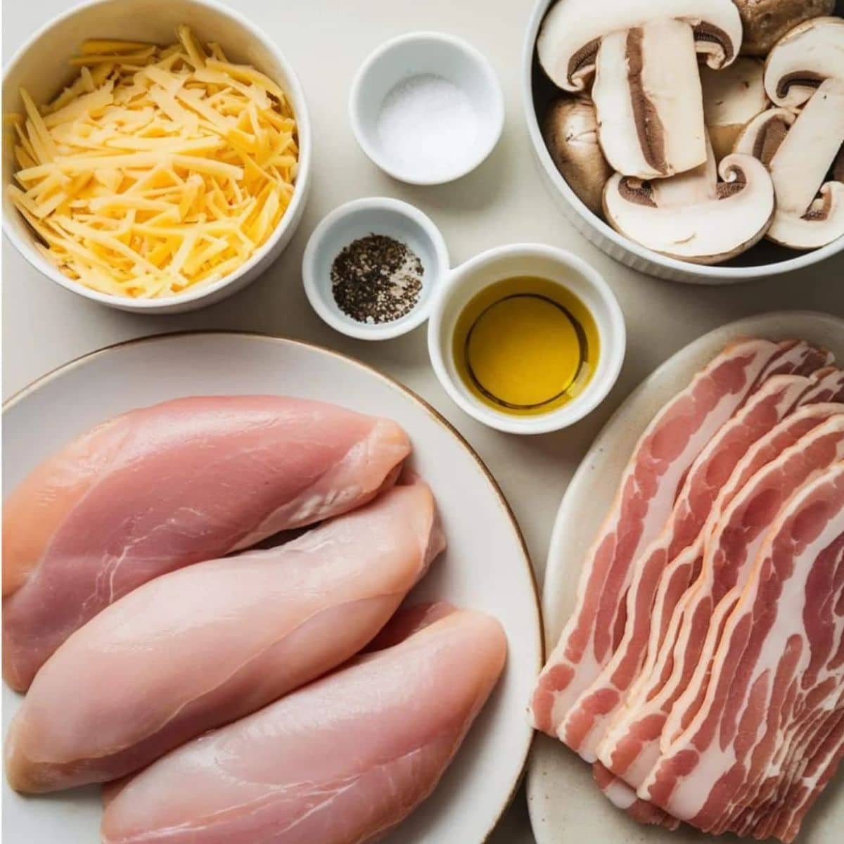 Alice Springs Chicken Recipe - Fresh ingredients including raw chicken breasts, crispy bacon slices, shredded cheese, sliced mushrooms, olive oil, salt, and pepper, perfectly prepared for cooking.