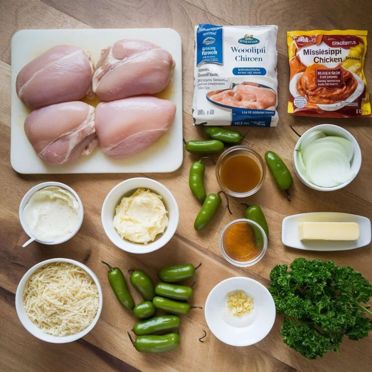 Overhead view of raw chicken breasts and ingredients for a Mississippi Chicken Recipe, featuring pepperoncini peppers, butter, onion slices, and savory seasonings arranged on a wooden countertop.