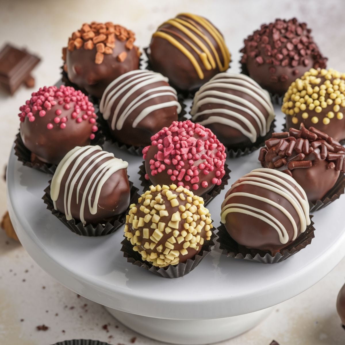 Decorative chocolate-coated treats for Ball Cake Recipe – A collection of cake balls with colorful sprinkles and drizzled chocolate, arranged on a white cake stand.