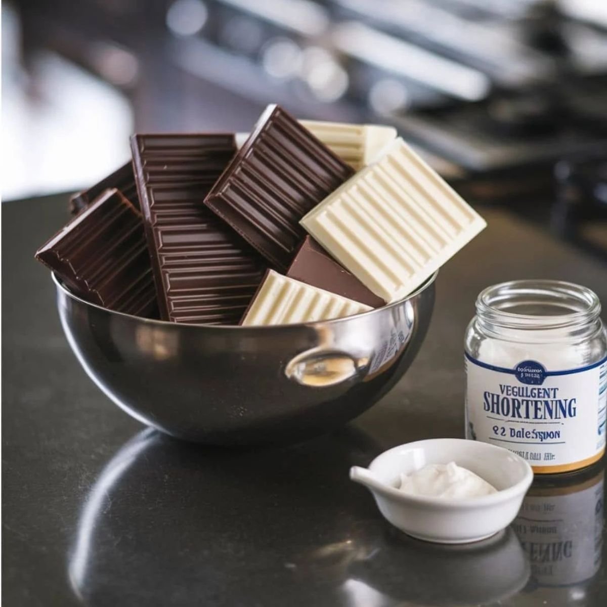 Chocolate coating ingredients for Ball Cake Recipe – A metal bowl filled with dark and white chocolate bars, alongside a jar of shortening, ready for melting.