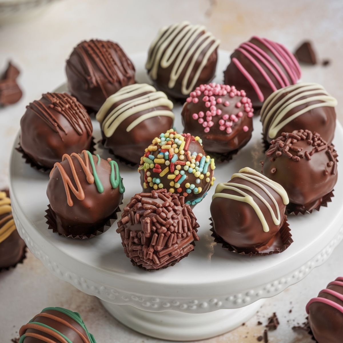 Chocolate truffle bites for Ball Cake Recipe – A variety of decorated cake balls with colorful sprinkles, chocolate drizzle, and toppings, displayed on a white cake stand.