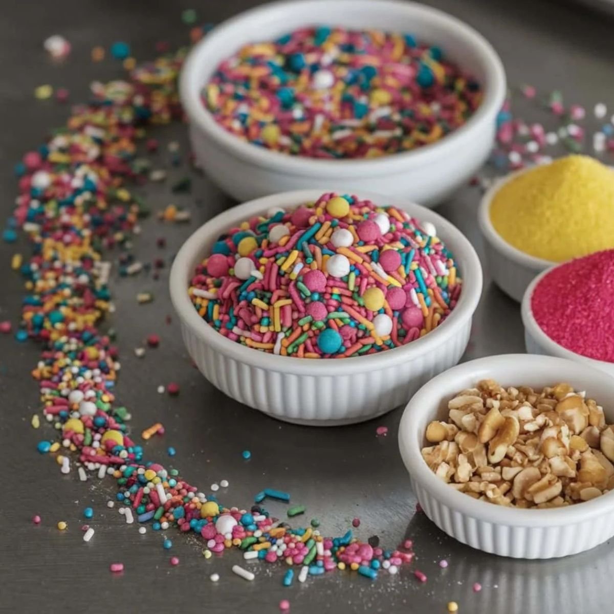 Colorful sprinkles and chopped nuts for Ball Cake Recipe – A variety of vibrant toppings in white bowls, perfect for decorating homemade cake balls.