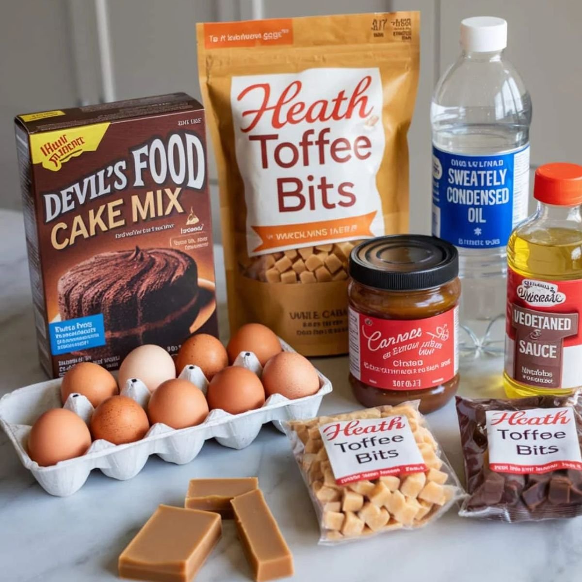 Better Than Sex Cake Recipe Ingredients – A collection of rich chocolate cake mix, Heath toffee bits, caramel sauce, sweetened condensed milk, eggs, and vegetable oil. Essential ingredients for a decadent and indulgent dessert.