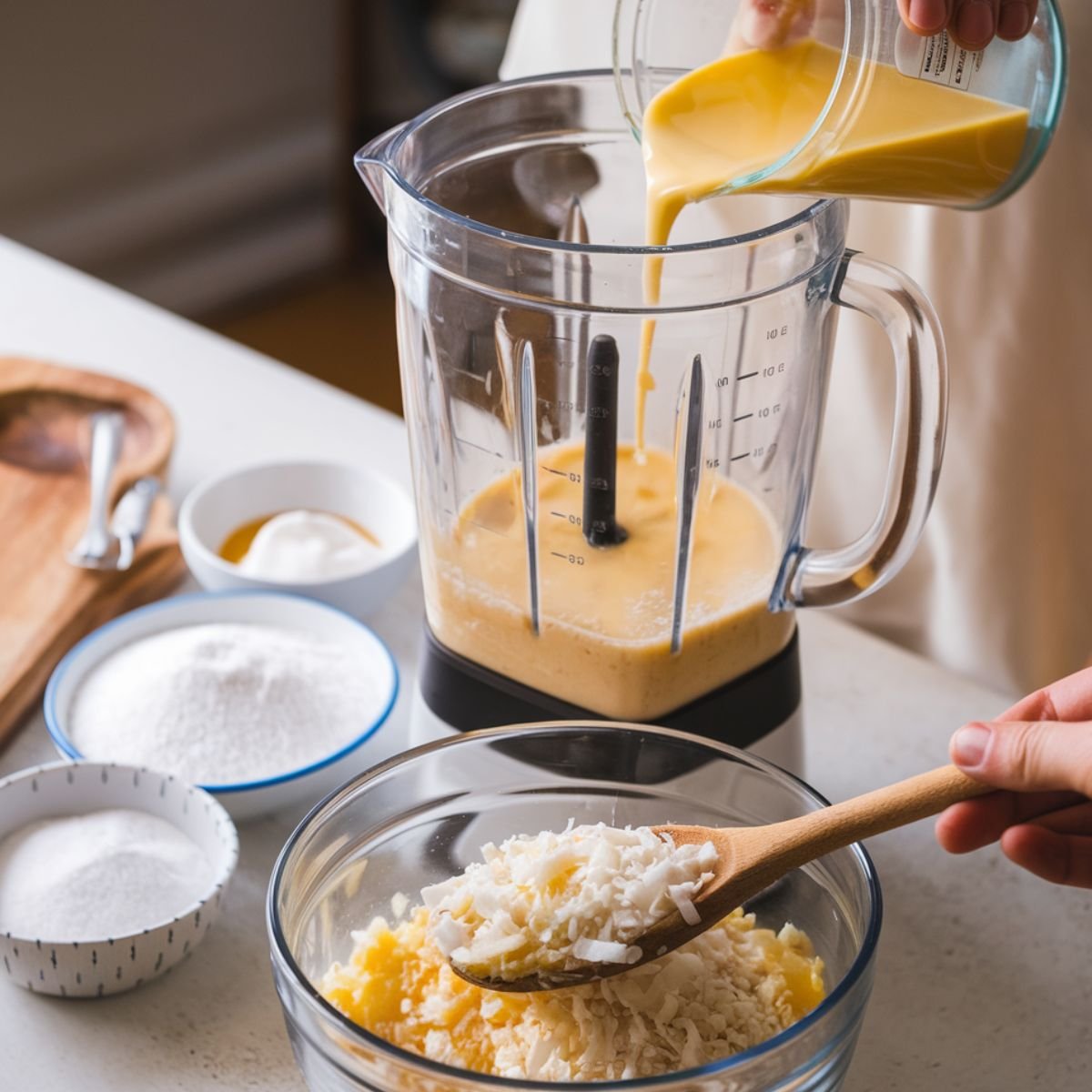 Preparing the batter for an Impossible Pie Recipe in a blender, with ingredients like eggs, milk, sugar, and vanilla being mixed. In the foreground, shredded coconut is being folded into a glass bowl. This easy homemade Impossible Pie is a self-crusting, delicious dessert.