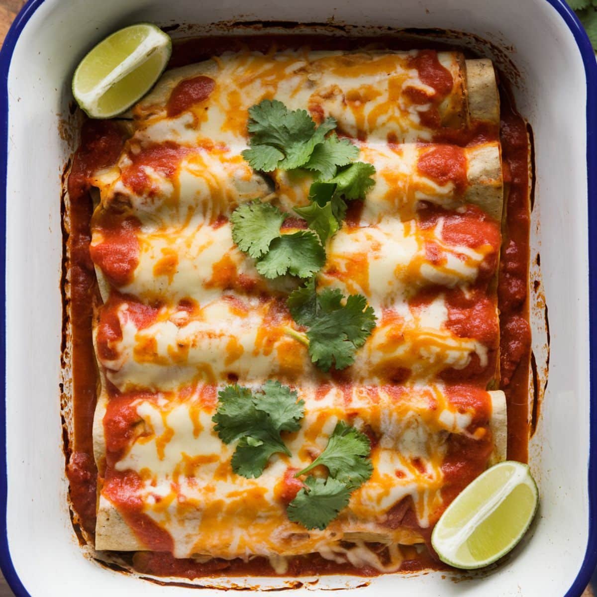 Boulder's Enchilada Recipe featuring freshly baked enchiladas topped with melted cheese, red sauce, fresh cilantro, and lime wedges, served in a white enamel baking dish with a blue rim.