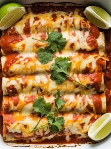 Freshly baked Boulder's Enchilada Recipe topped with melted cheese, vibrant red sauce, fresh cilantro, and lime wedges, served in a white enamel baking dish with a blue rim.