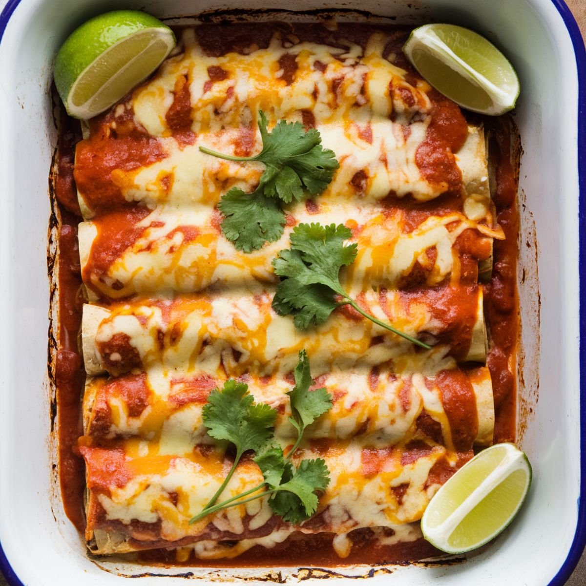 Freshly baked Boulder's Enchilada Recipe topped with melted cheese, vibrant red sauce, fresh cilantro, and lime wedges, served in a white enamel baking dish with a blue rim.