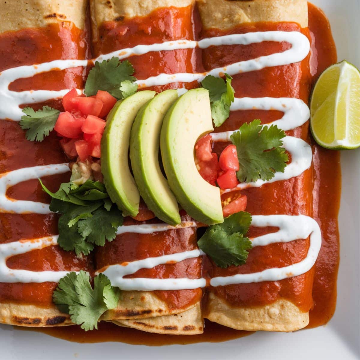 Boulder's Enchilada Recipe served on a white plate, topped with fresh avocado slices, diced tomatoes, cilantro, a creamy drizzle, and lime wedge, showcasing a vibrant and flavorful dish.