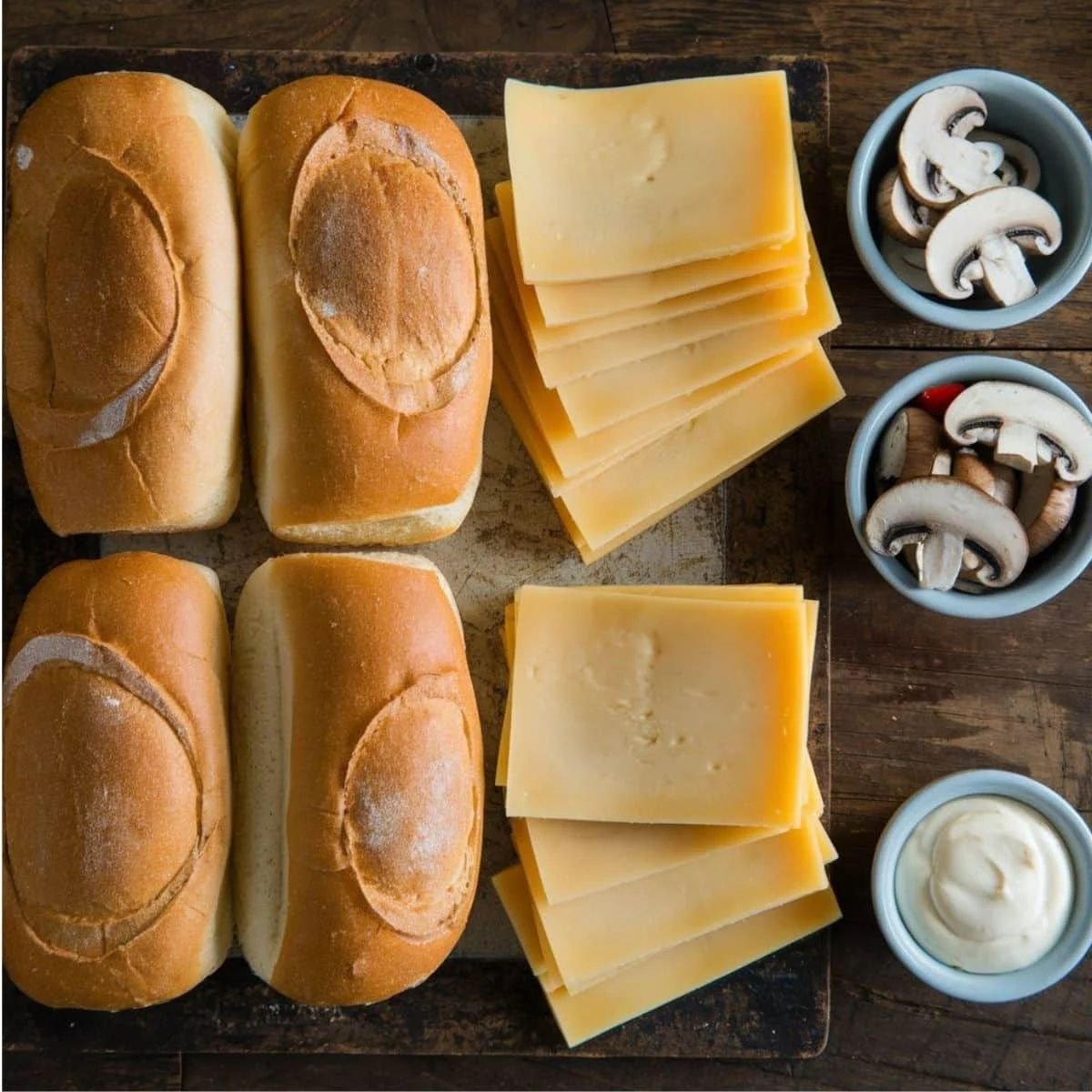 Fresh ingredients for a Chicken Cheese Steak Recipe, featuring soft sandwich rolls, slices of cheese, fresh mushrooms, and a creamy sauce, arranged on a rustic wooden surface. Perfect for assembling a delicious homemade chicken cheesesteak sandwich.