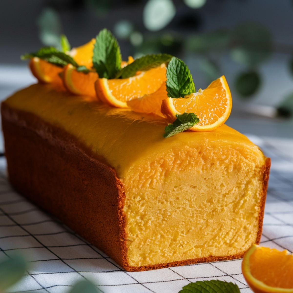 Bright and zesty Orange Cake Recipe featuring a soft, moist loaf topped with fresh orange slices and mint. A delicious homemade citrus dessert perfect for any occasion.