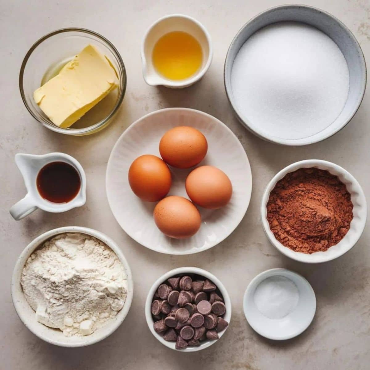 A neatly arranged set of ingredients for a Brookie Recipe, including butter, eggs, sugar, flour, cocoa powder, chocolate chips, and vanilla extract, ready for baking.