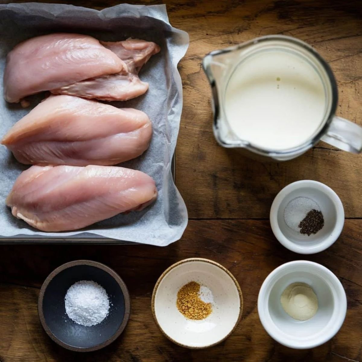 Raw chicken breasts on a parchment-lined tray, alongside buttermilk and seasonings in small bowls for a Copycat Cane’s Chicken Recipe.