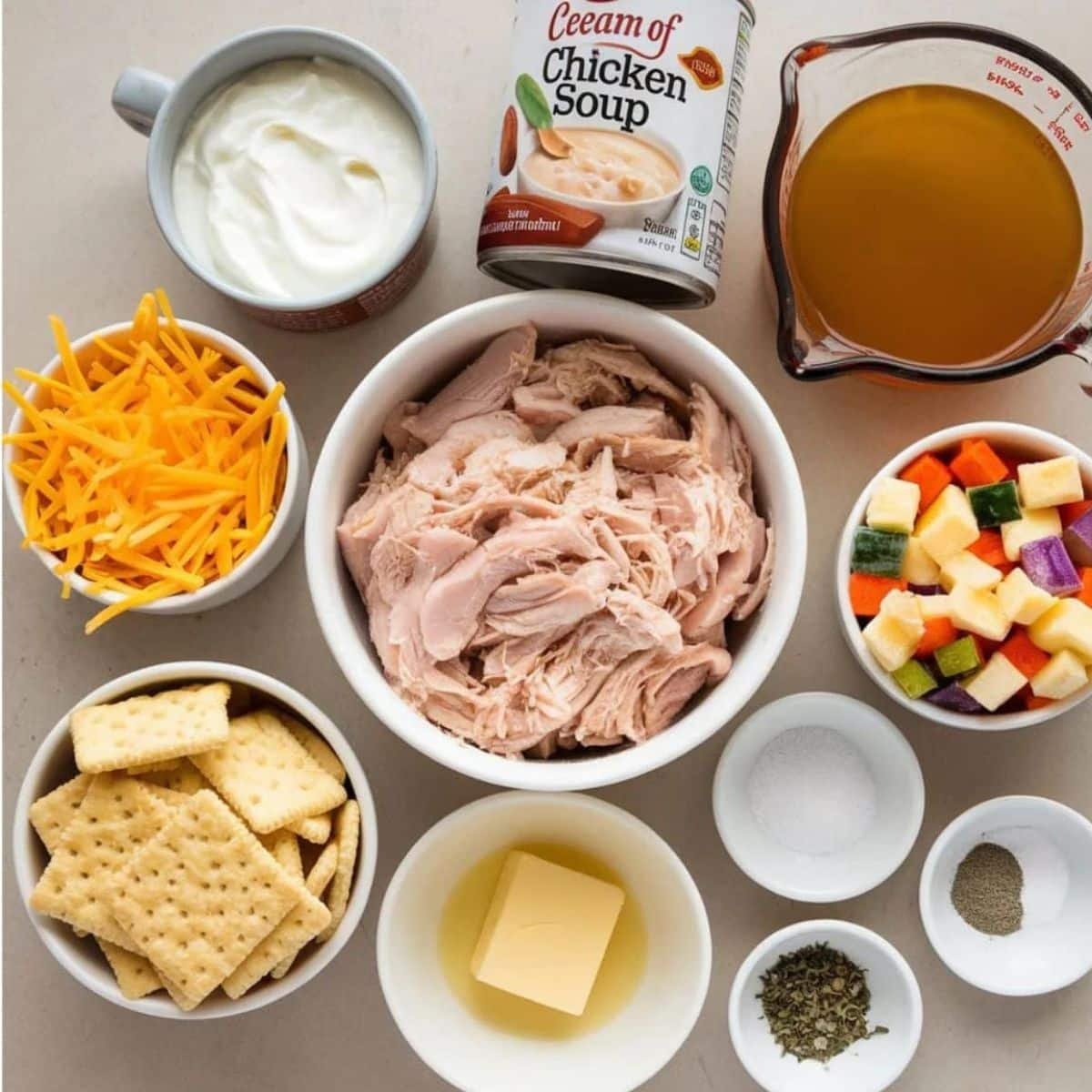 Chicken Casserole Recipe Ingredients – A collection of fresh and flavorful ingredients including shredded chicken, cream of chicken soup, cheddar cheese, mixed vegetables, crackers, butter, and seasonings. Perfect for a creamy and comforting baked dish.