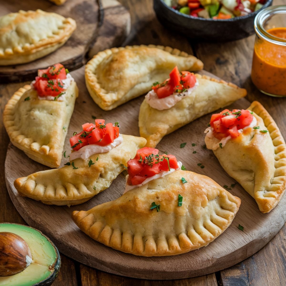 Chicken Empanadas Recipe featuring crispy, golden-brown pastries filled with seasoned chicken, topped with fresh diced tomatoes and a creamy sauce. Served on a rustic wooden platter with avocado, dipping sauce, and a side salad for a flavorful homemade dish.