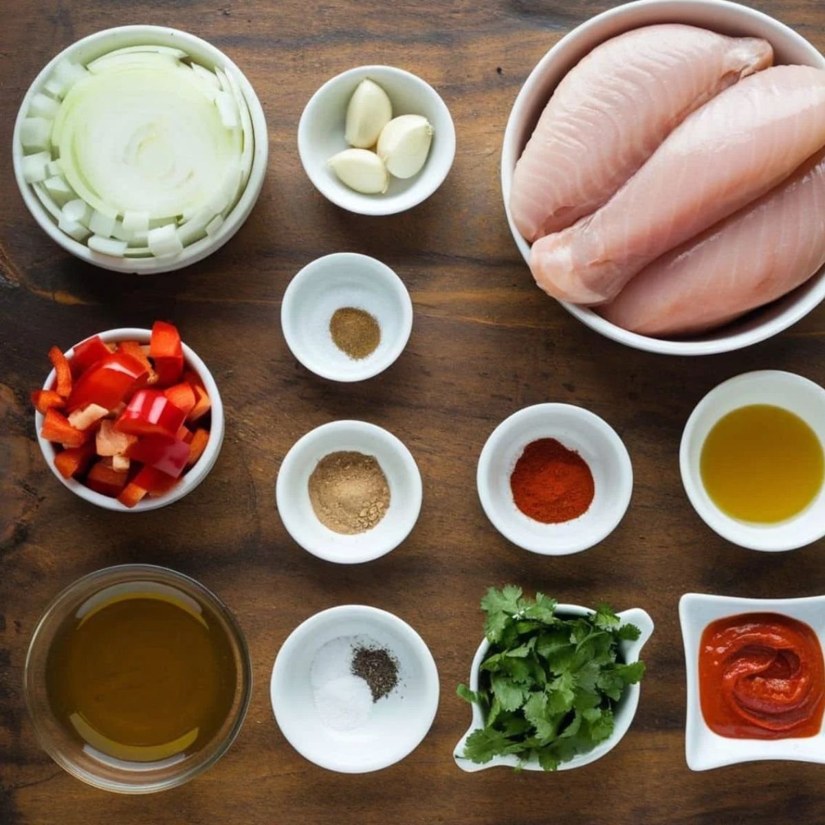 Chicken Empanadas Recipe ingredients laid out on a rustic wooden surface, including raw chicken breast, onions, garlic, red bell peppers, spices, olive oil, tomato paste, and fresh cilantro. A flavorful filling for homemade empanadas.