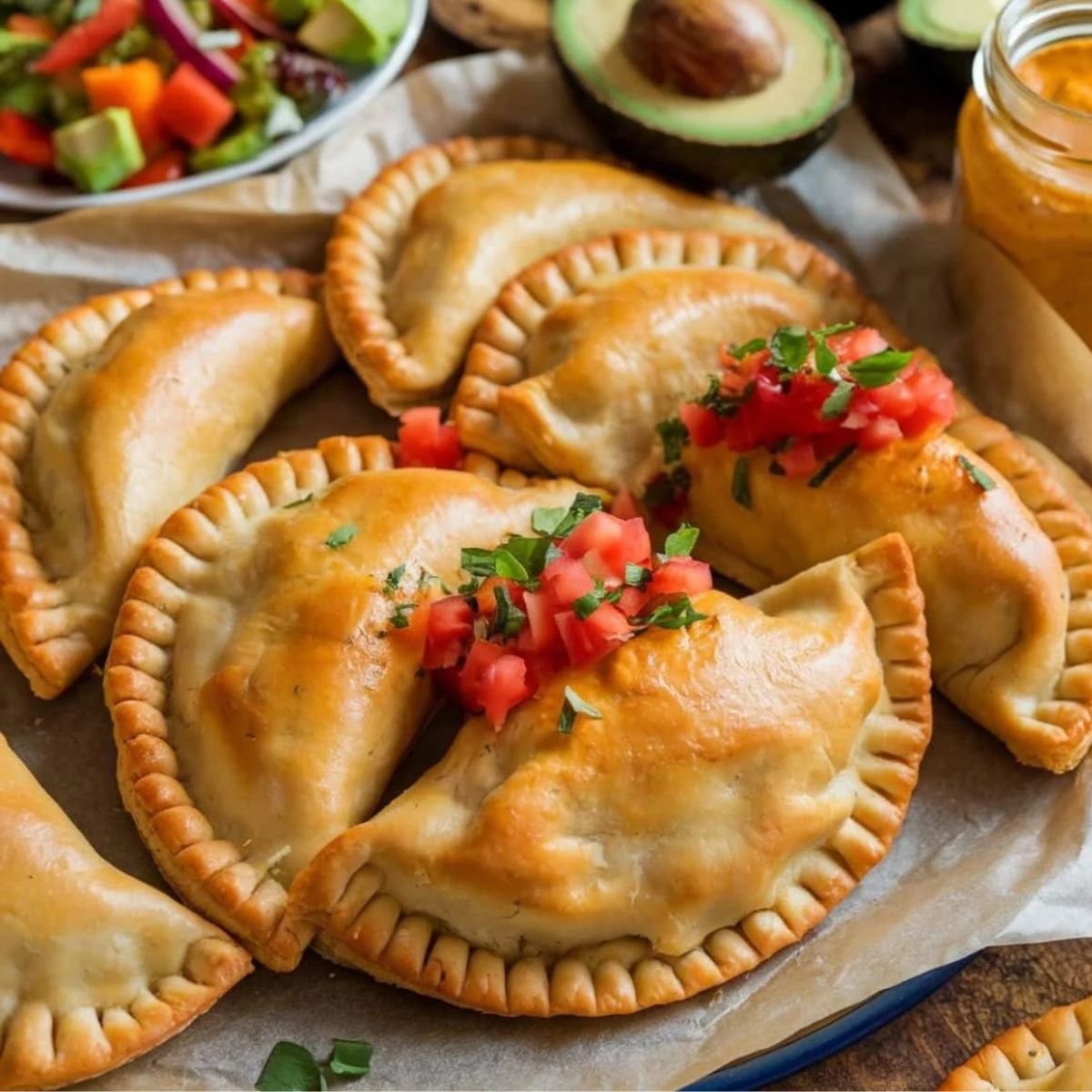 Chicken Empanadas Recipe featuring golden, flaky pastries filled with seasoned chicken, topped with fresh diced tomatoes and herbs. Served on parchment paper with avocado, dipping sauce, and a side salad for a delicious homemade meal.