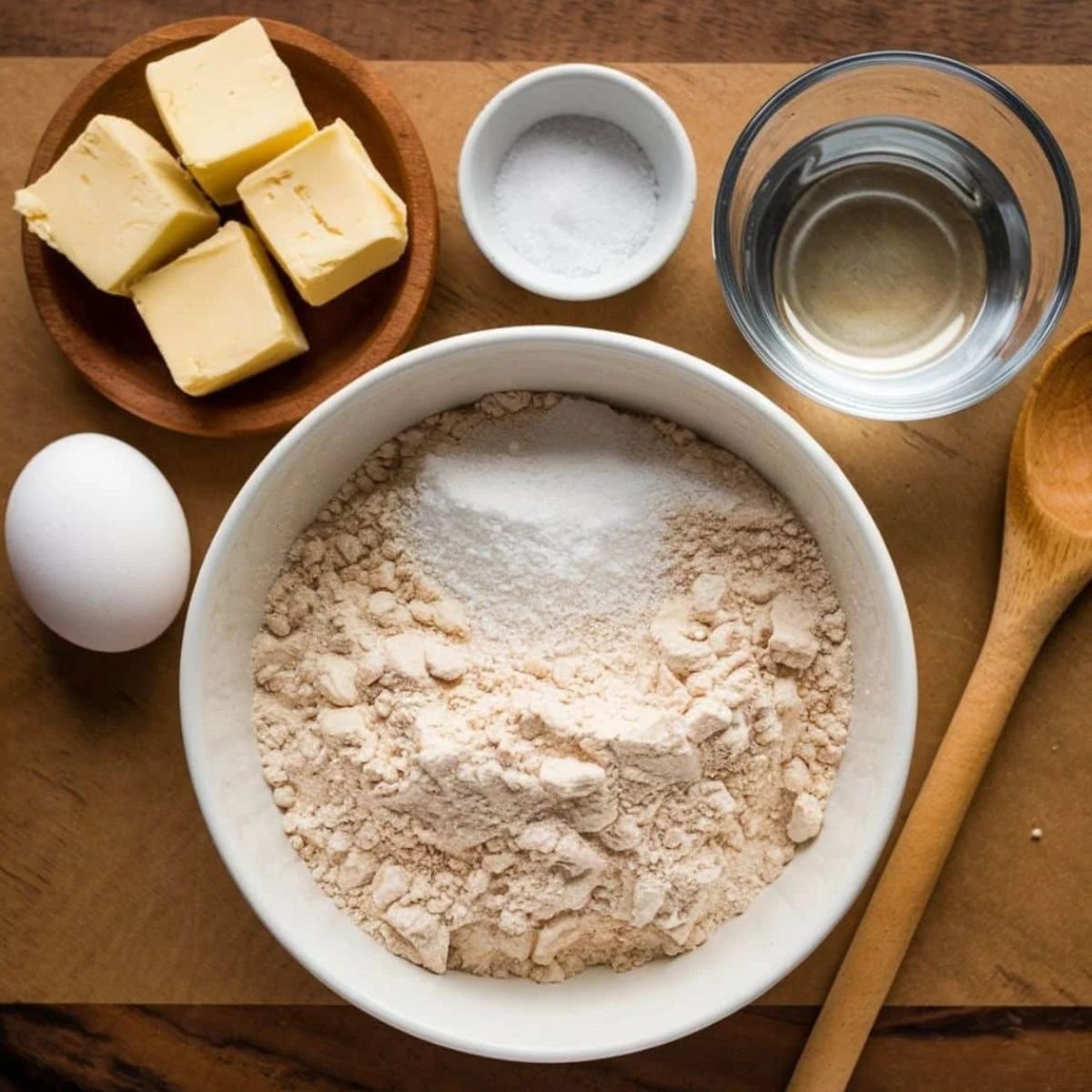 Chicken Empanadas Recipe dough ingredients displayed on a wooden surface, including flour, butter, egg, salt, water, and a wooden spoon. A homemade empanada crust for a crispy, golden pastry.