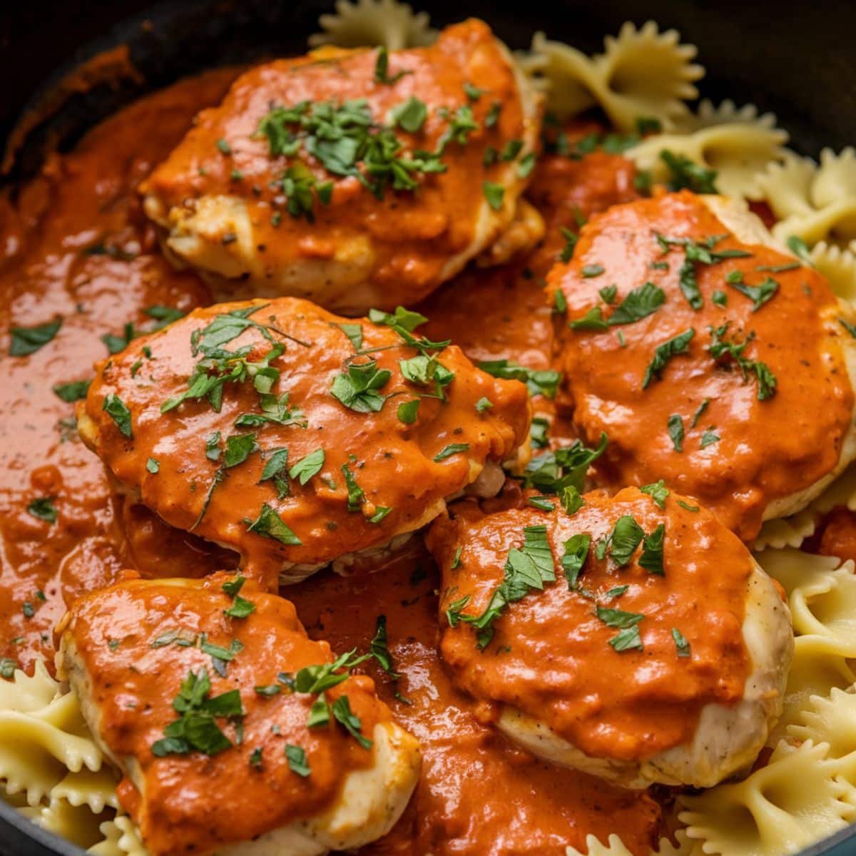 Chicken Paprikash Recipe – Tender chicken pieces smothered in a creamy paprika sauce, garnished with fresh parsley and served over buttered egg noodles in a skillet. A rich and comforting Hungarian dish.