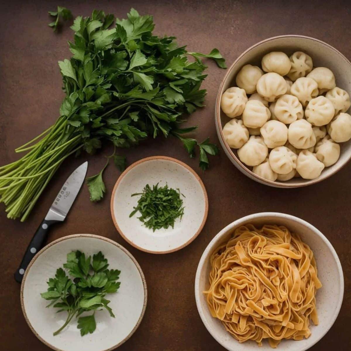 Chicken Paprikash Recipe Serving Ingredients – Fresh parsley, egg noodles, and dumplings arranged on a rustic brown surface with a knife and chopped herbs. Traditional side dishes for Hungarian Chicken Paprikash.