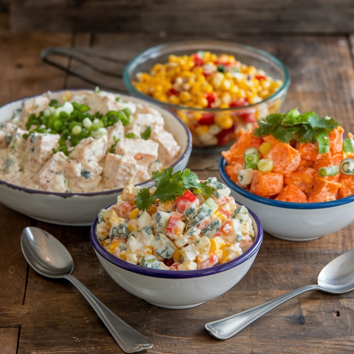 A vibrant assortment of Chicken Salad Chick recipe variations featuring creamy chicken salad, sweet potato salad, corn salad, and colorful vegetable medleys in rustic bowls on a wooden table. Perfect for fresh and flavorful meal ideas.