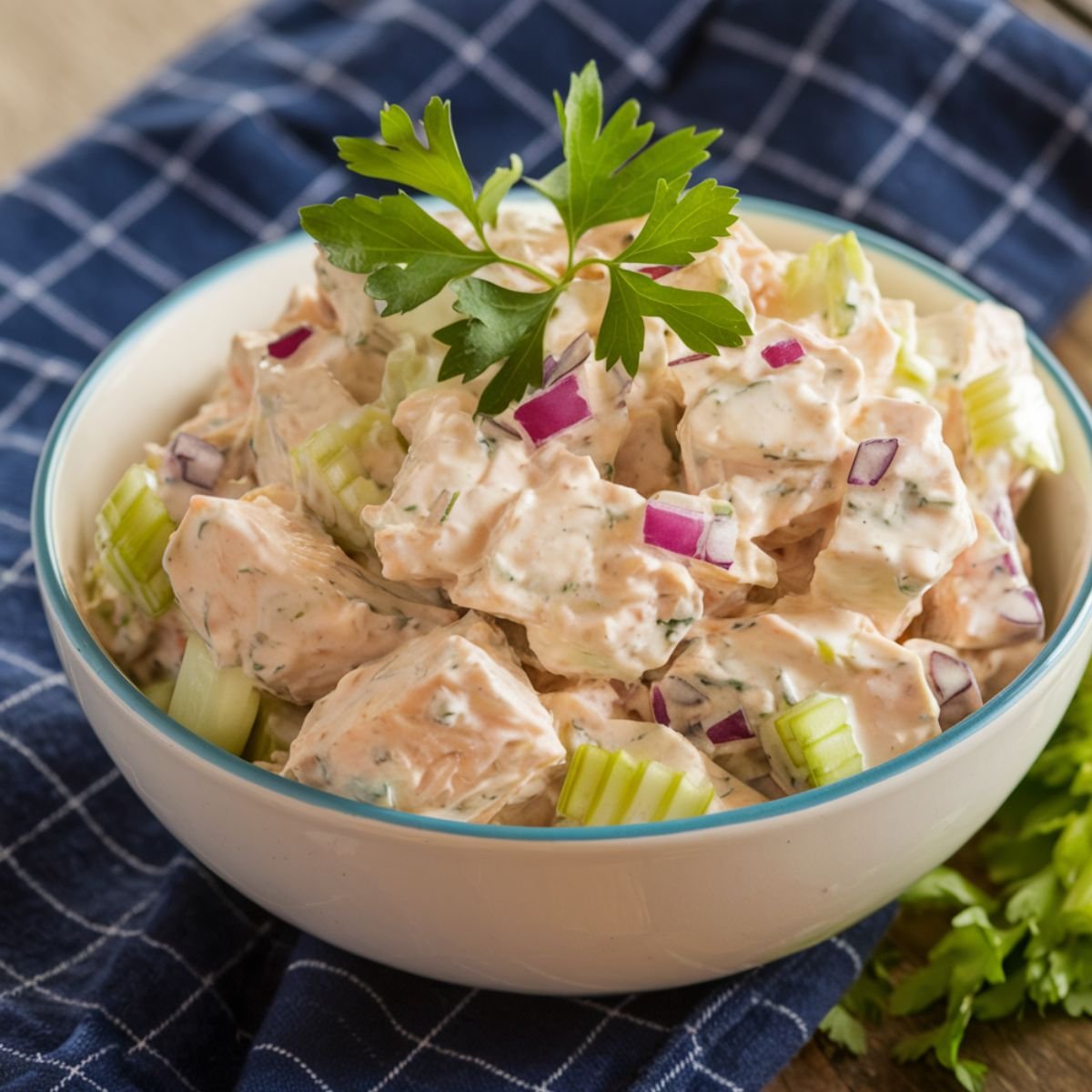 Classic Chicken Salad Chick Recipe – Creamy Chicken Salad with Tender Chicken, Crisp Celery, Red Onion, and Fresh Parsley in a White Bowl, Served on a Rustic Wooden Table with a Blue Checkered Napkin.