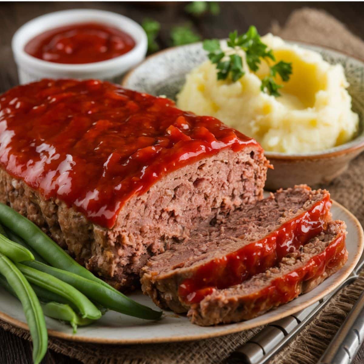 Classic meatloaf recipe topped with a savory glaze, served with creamy mashed potatoes, green beans, and a side of ketchup, displayed on a rustic dinner table.