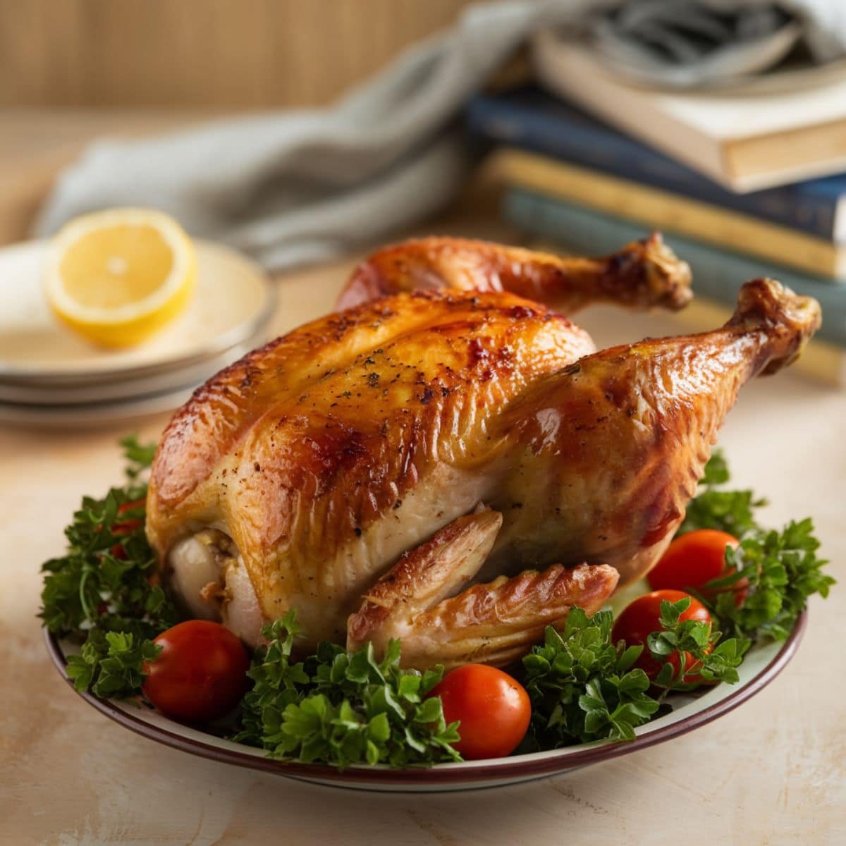 Whole roasted chicken recipe featuring a golden, crispy chicken garnished with fresh parsley and cherry tomatoes, perfect for a classic and flavorful meal.