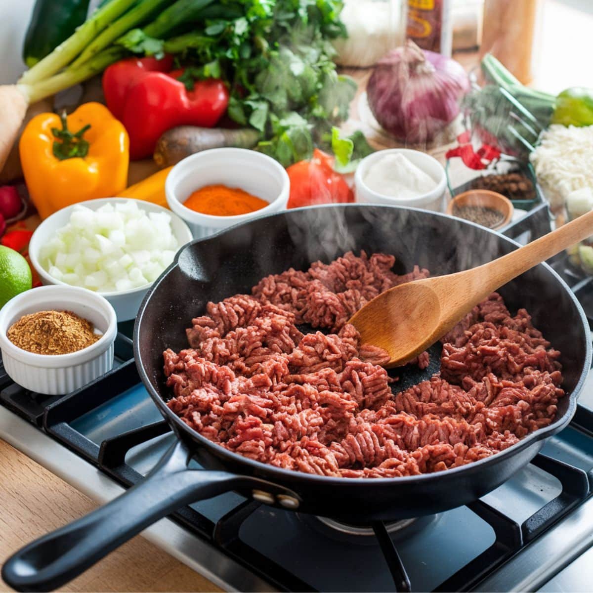 Cooking ground beef in a skillet for Rotel Dip Recipe, surrounded by fresh ingredients like diced onions, bell peppers, spices, and sour cream for a flavorful and vibrant preparation.