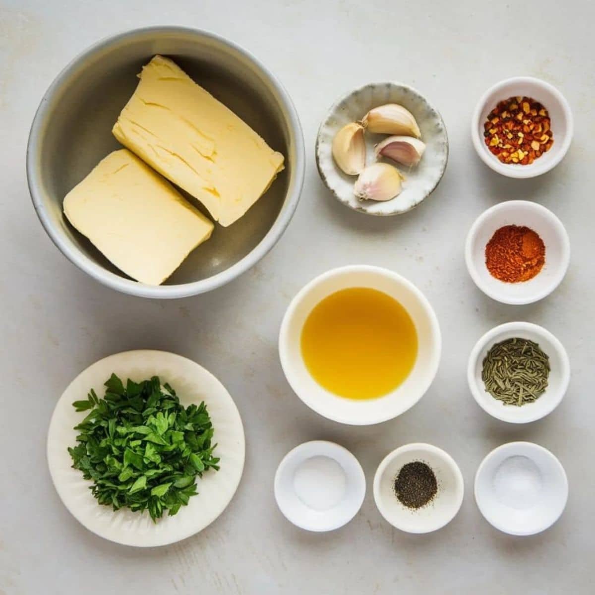 Ingredients for Cowboy Butter Recipe neatly arranged on a countertop, including softened butter, garlic cloves, fresh parsley, olive oil, and seasonings like red pepper flakes, paprika, rosemary, salt, and pepper.