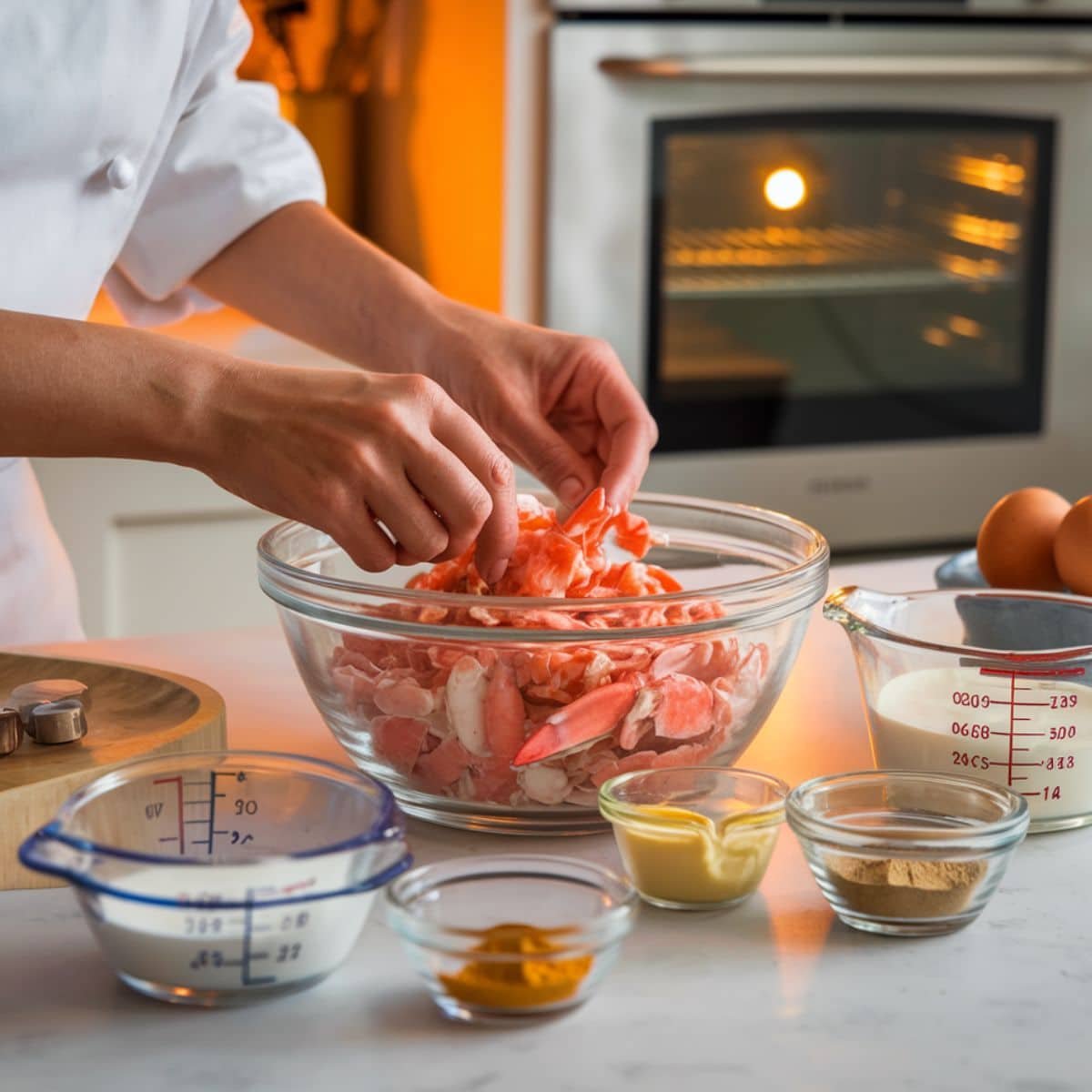 Chef preparing fresh crab meat in a glass bowl surrounded by ingredients like cream, mustard, spices, and eggs, ready for the Crab Brûlée Recipe in a cozy kitchen setting.