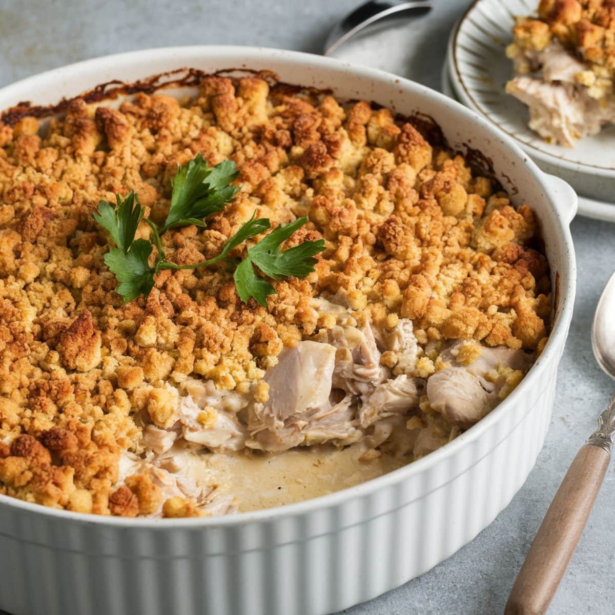 Homemade Chicken Casserole Recipe with a Golden Buttery Topping – A rich and creamy baked dish featuring tender chicken, savory sauce, and a crispy breadcrumb crust. Perfect for comforting family meals and easy dinners.