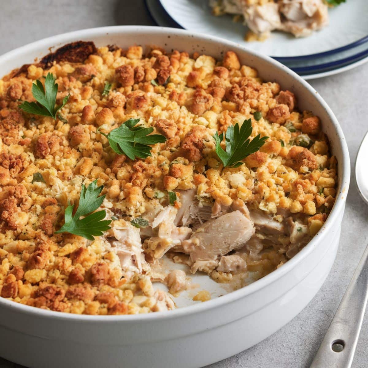 Creamy Chicken Casserole Recipe with a Crispy Buttery Topping – A comforting and easy baked dish made with tender chicken, creamy sauce, and a golden breadcrumb crust. Perfect for family dinners and cozy meals.