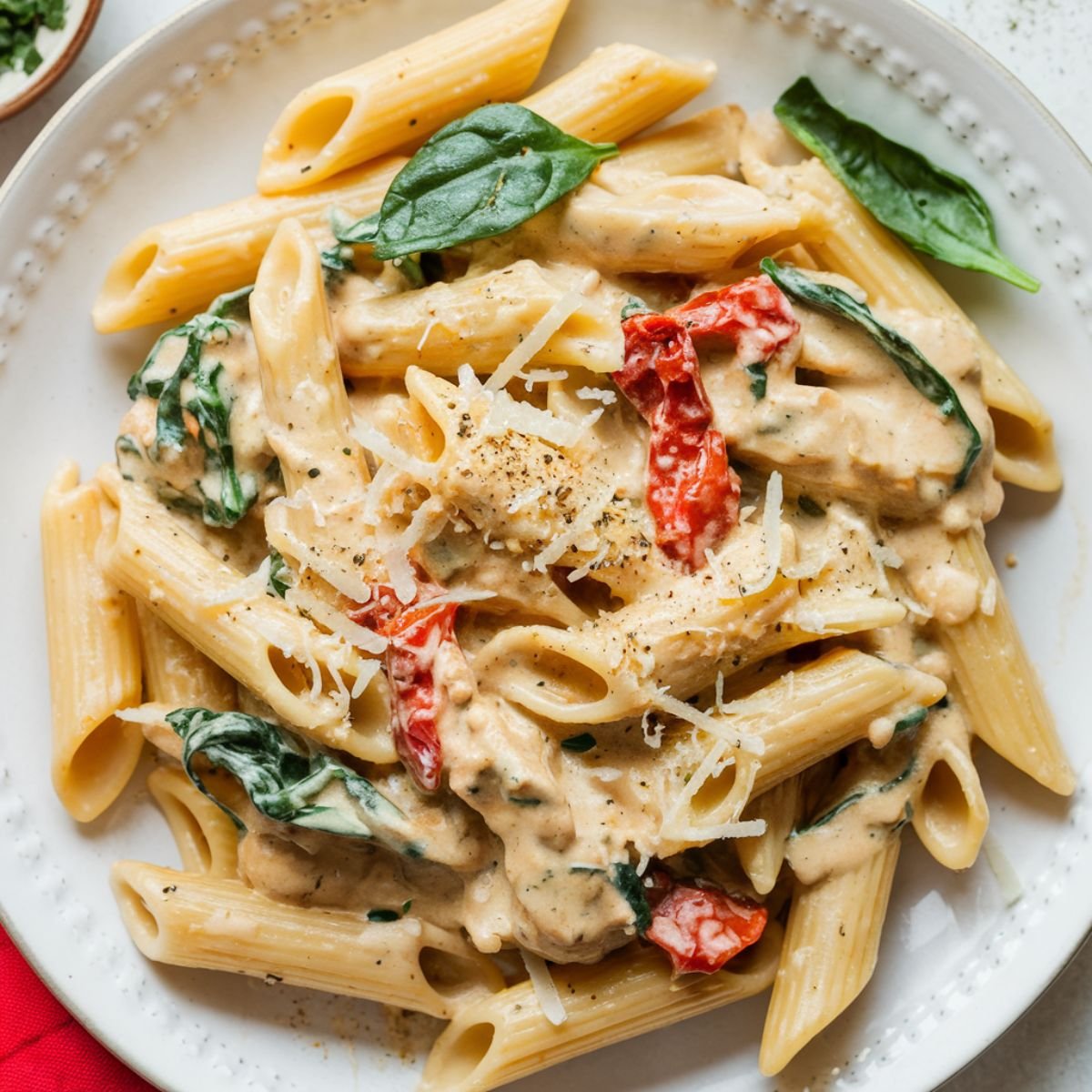 Creamy Marry Me Chicken Pasta recipe featuring tender chicken, sun-dried tomatoes, fresh spinach, and Parmesan cheese in a rich garlic cream sauce. A delicious and easy 30-minute pasta dish perfect for dinner.