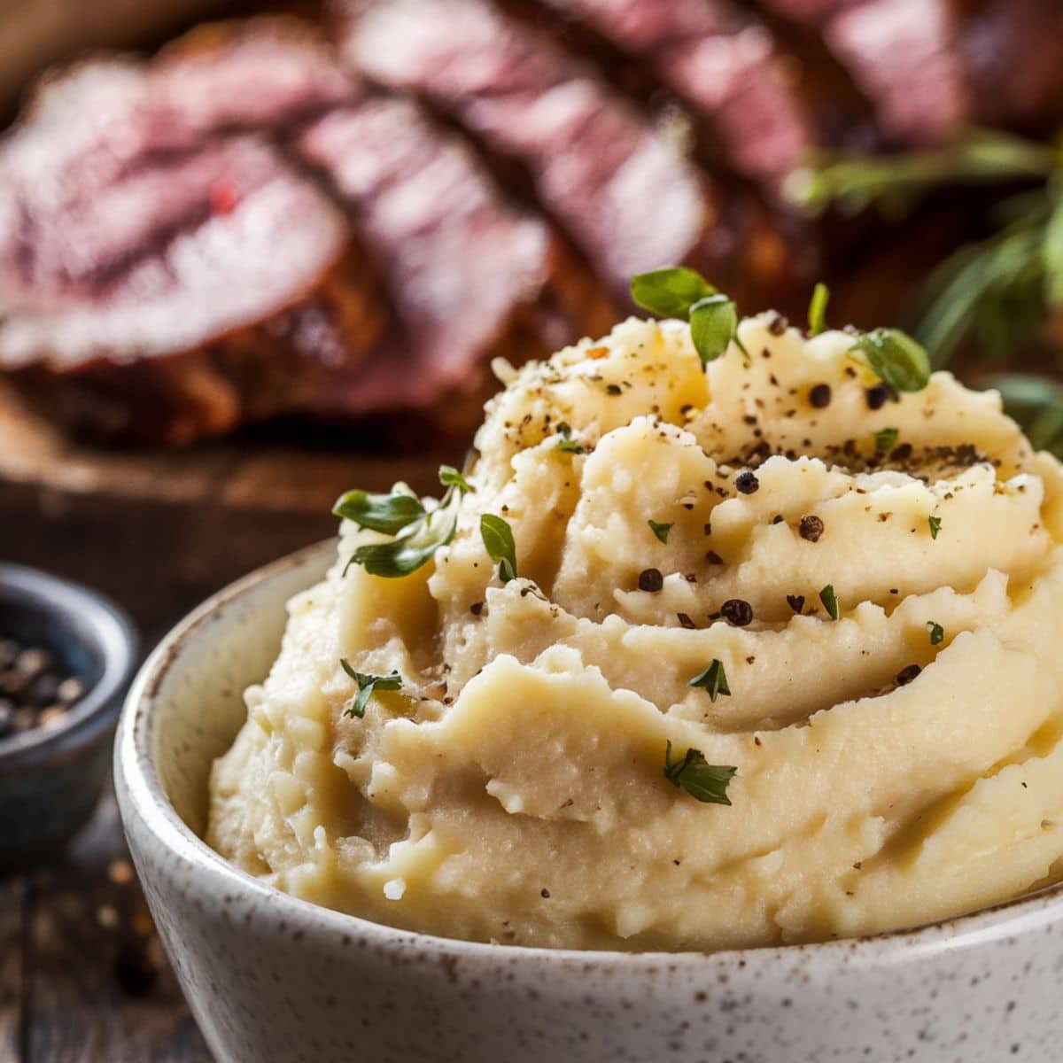 Creamy mashed potatoes infused with Cowboy Butter Recipe flavors, garnished with fresh herbs and black pepper, served with tender, sliced steak in a rustic presentation.