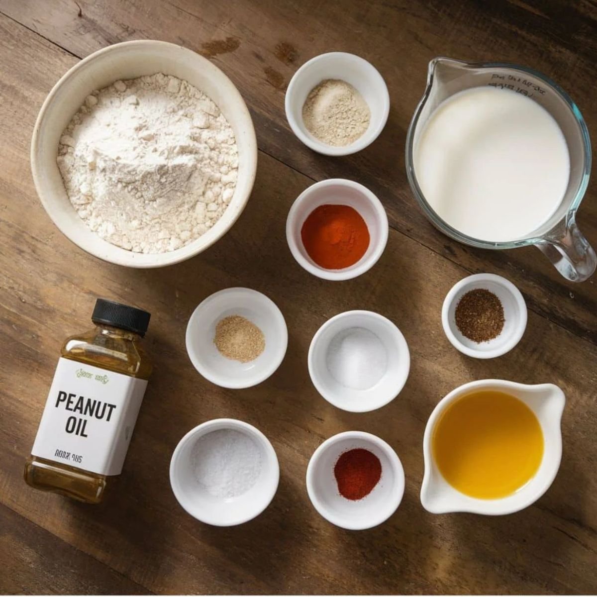 All-purpose flour, buttermilk, peanut oil, and various spices in small bowls arranged on a wooden countertop for a Copycat Cane's Chicken Recipe.