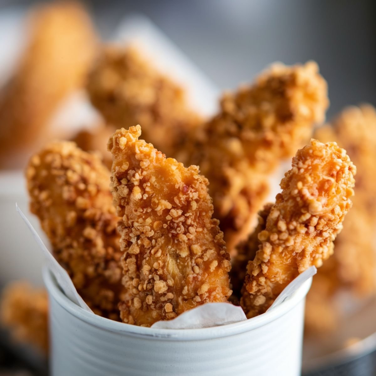 rispy golden chicken tenders served in a white container, representing a Copycat Cane’s Chicken Recipe with a crunchy coating and tender, juicy interior.