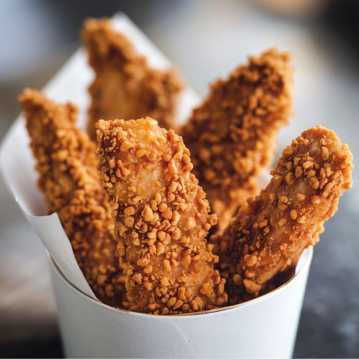 Crispy, golden-brown chicken tenders in a white container, showcasing a Copycat Cane’s Chicken Recipe with a crunchy breading and juicy interior.