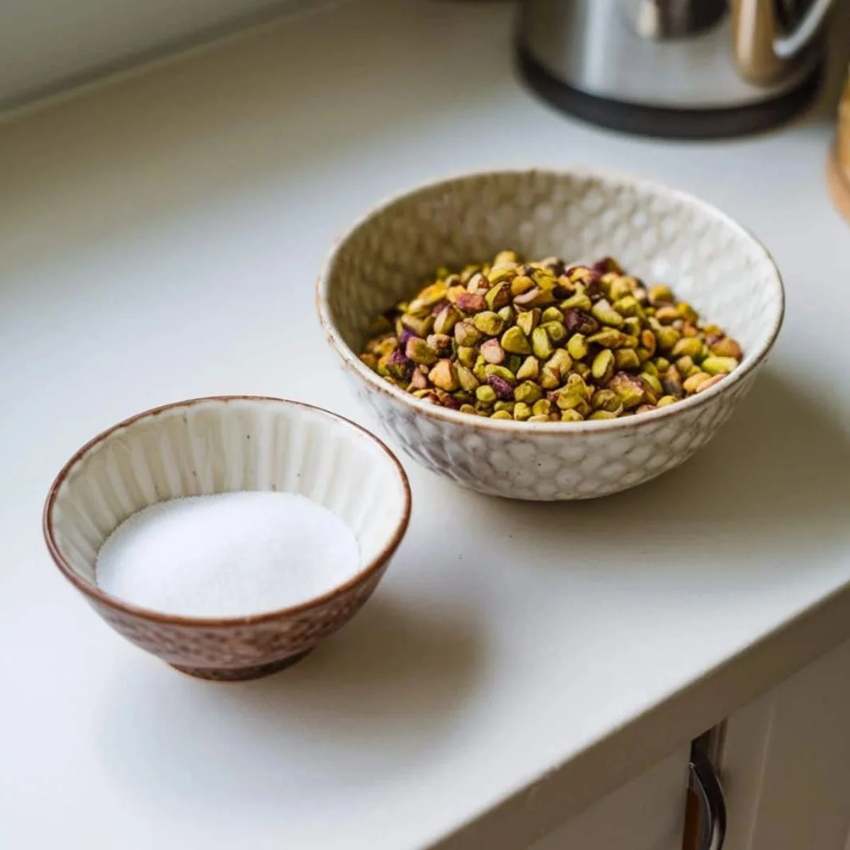 Crunchy Pistachios & Sugar – Essential Ingredients for a Perfect Pistachio Muffin Recipe. Nutty, Sweet, and Deliciously Homemade!"