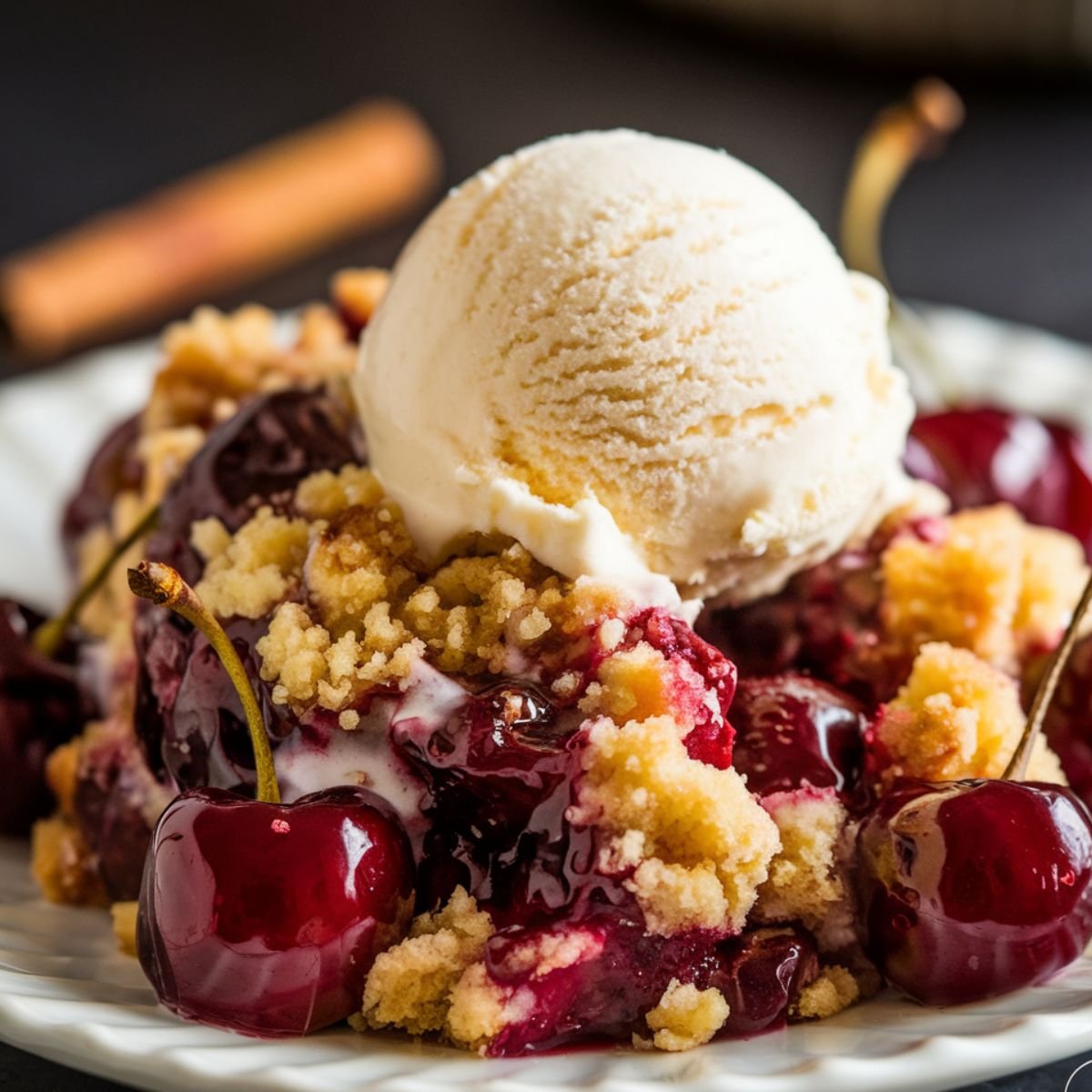 Decadent Cherry Dump Cake Recipe – A Warm and Gooey Dessert Topped with Vanilla Ice Cream and Fresh Cherries.