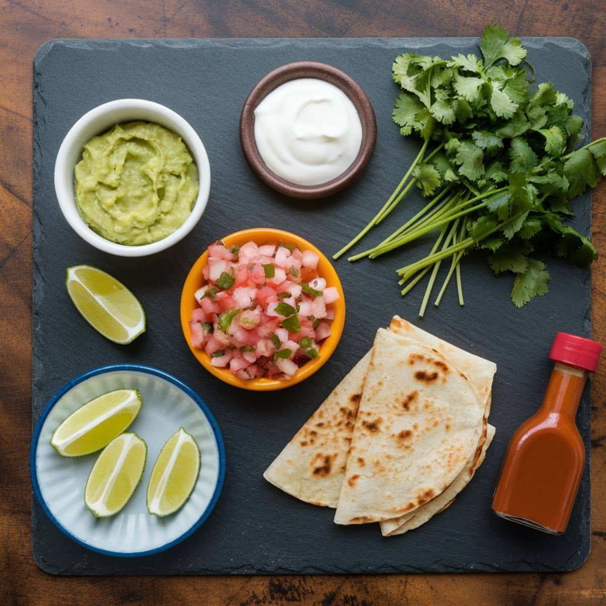 Optional toppings for a Chicken Quesadilla Recipe, including bowls of guacamole, sour cream, pico de gallo, fresh cilantro, lime wedges, folded quesadillas, and a bottle of hot sauce, all arranged on a slate serving board with a rustic wooden background.