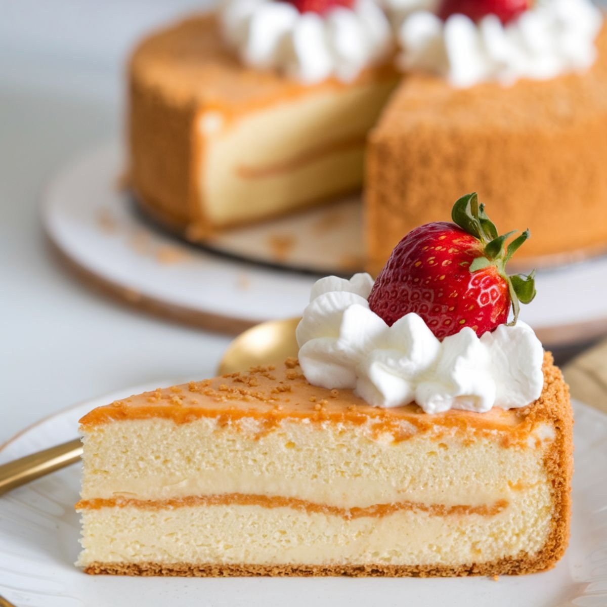 A creamy, golden slice of Impossible Pie topped with whipped cream and a fresh strawberry, served on a white plate with the full pie in the background. This homemade Impossible Pie Recipe is a delicious, self-crusting dessert perfect for any occasion.