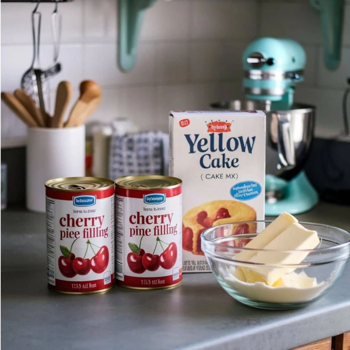 Ingredients for an Easy Cherry Dump Cake Recipe – Cherry Pie Filling, Yellow Cake Mix, and Butter on a Kitchen Counter.