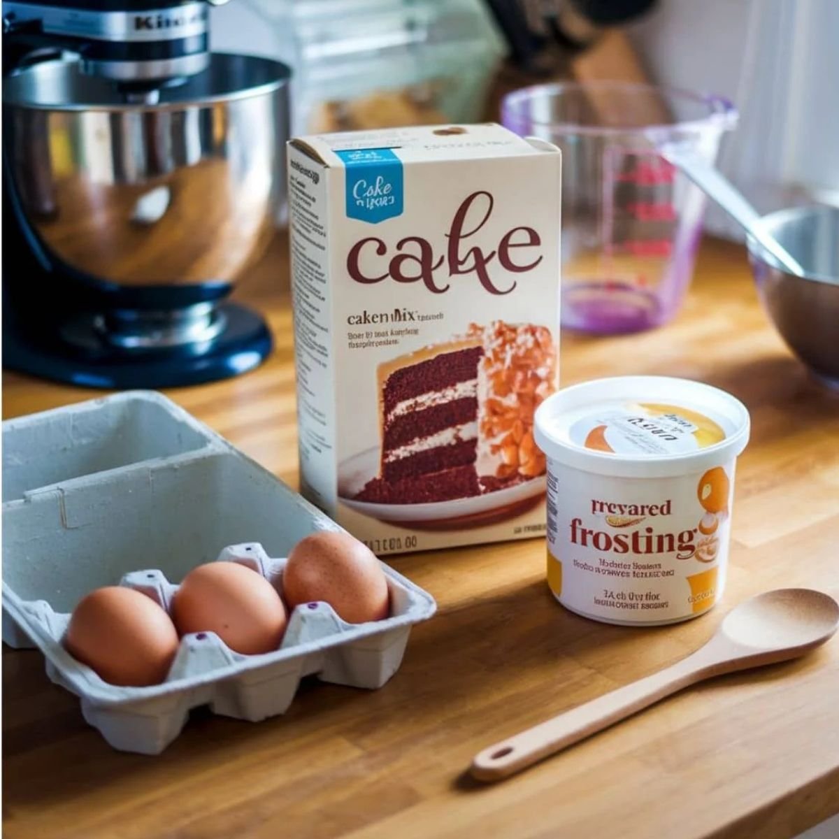 ngredients for Ball Cake Recipe – A box of cake mix, eggs, and frosting on a wooden countertop, ready for making easy homemade cake balls.