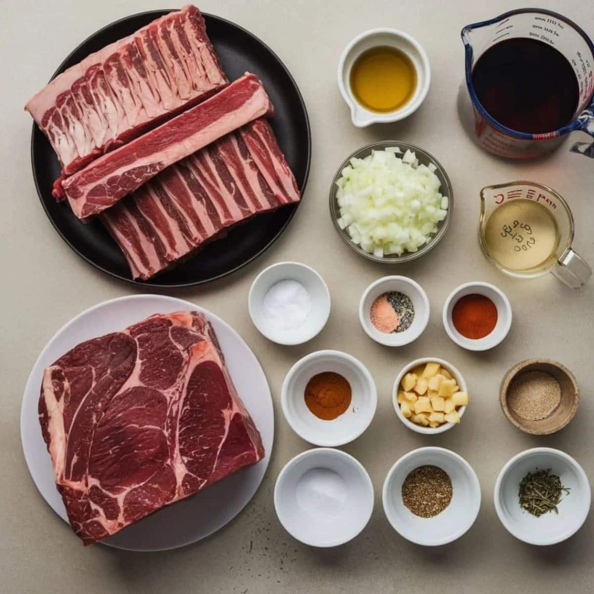 Essential ingredients for Boneless Beef Ribs Recipe displayed on a countertop: raw boneless beef ribs, diced onions, olive oil, beef broth, seasonings like paprika, garlic, thyme, and salt, perfectly organized for meal preparation.