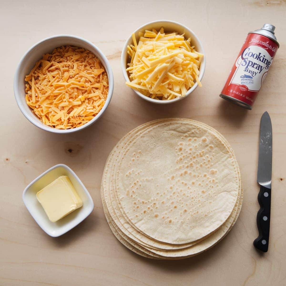 Essential ingredients for a Chicken Quesadilla Recipe assembly, featuring shredded cheddar cheese, shredded Monterey Jack cheese, a stack of flour tortillas, a dish of butter, a can of cooking spray, and a knife, all arranged on a light wooden surface.