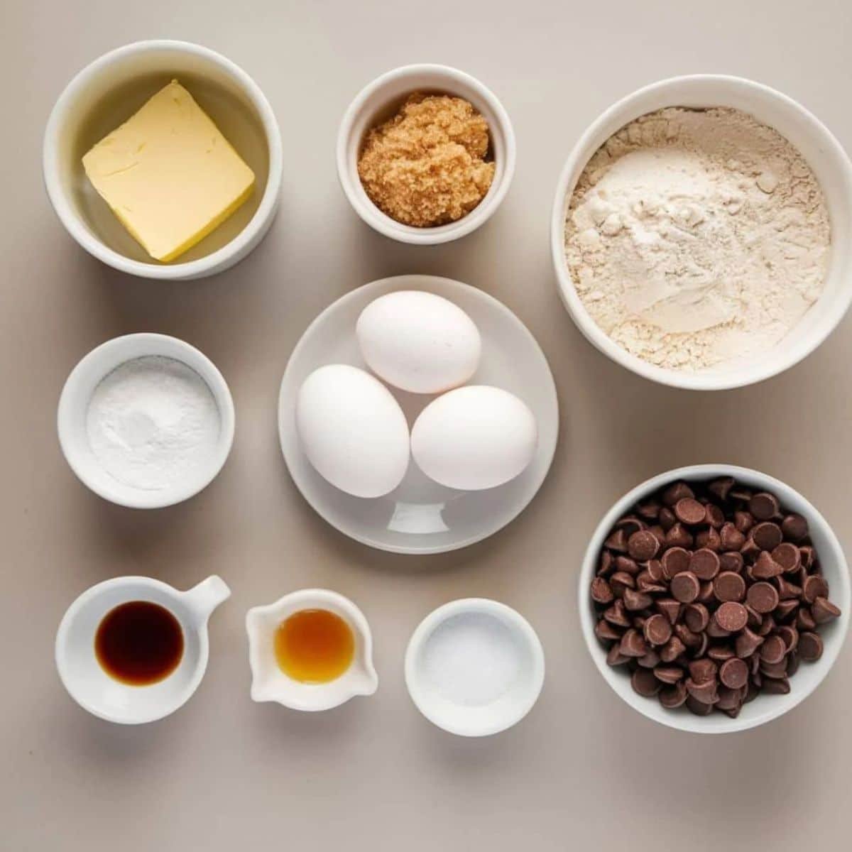 Essential ingredients for a Brookie Recipe, including butter, eggs, brown sugar, flour, chocolate chips, vanilla extract, and baking powder, displayed on a neutral background.