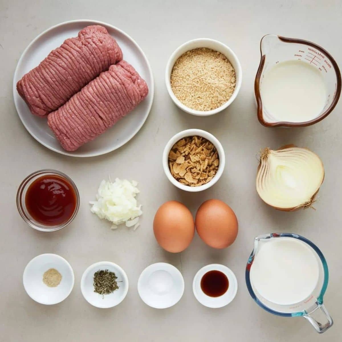 Essential ingredients for the best meatloaf recipe, including ground beef, breadcrumbs, eggs, milk, onions, ketchup, Worcestershire sauce, and seasonings, laid out on a flat surface.