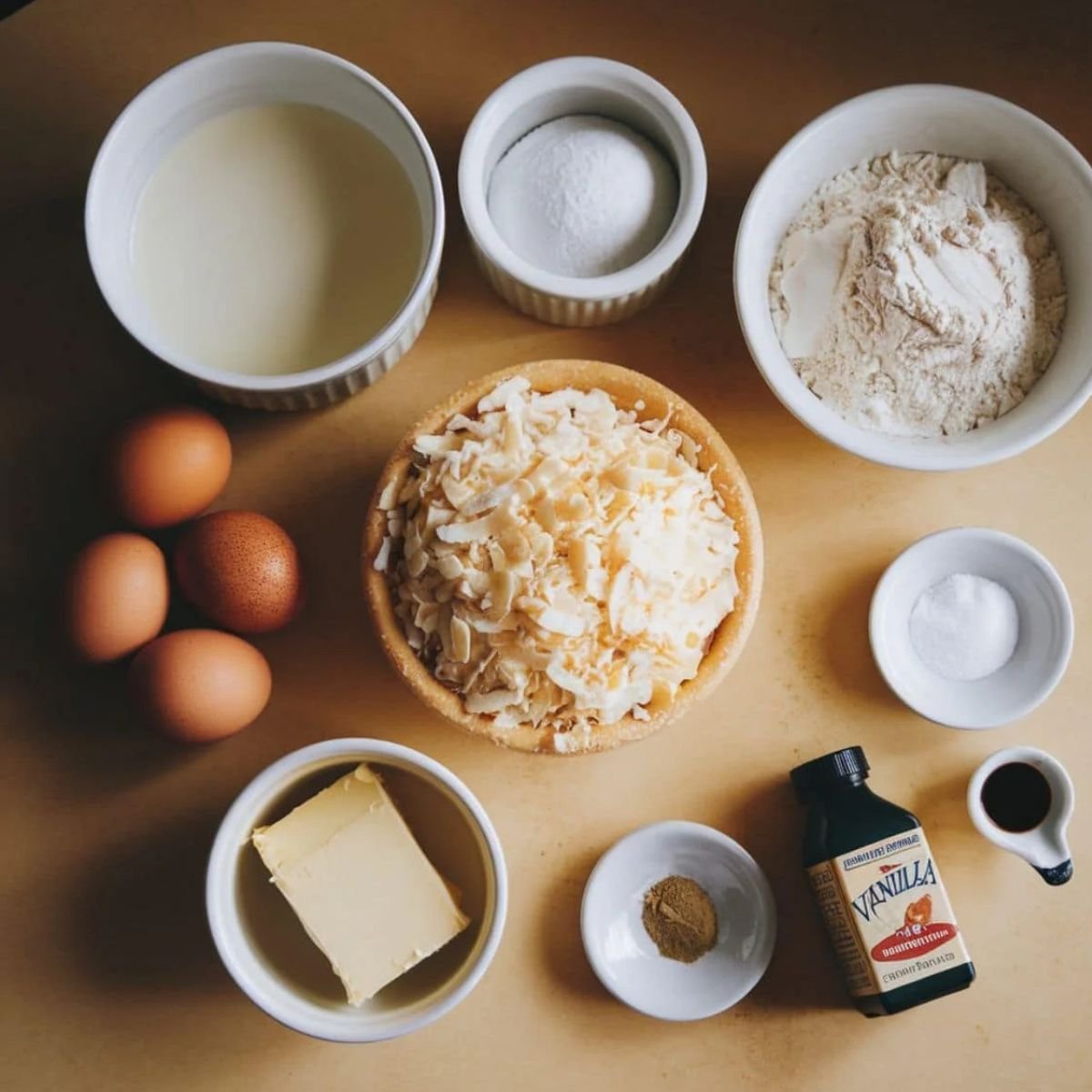 Ingredients for an Impossible Pie Recipe laid out on a wooden surface, including eggs, shredded coconut, milk, butter, flour, sugar, vanilla extract, and spices. This easy homemade Impossible Pie is a simple, self-crusting dessert perfect for any occasion.