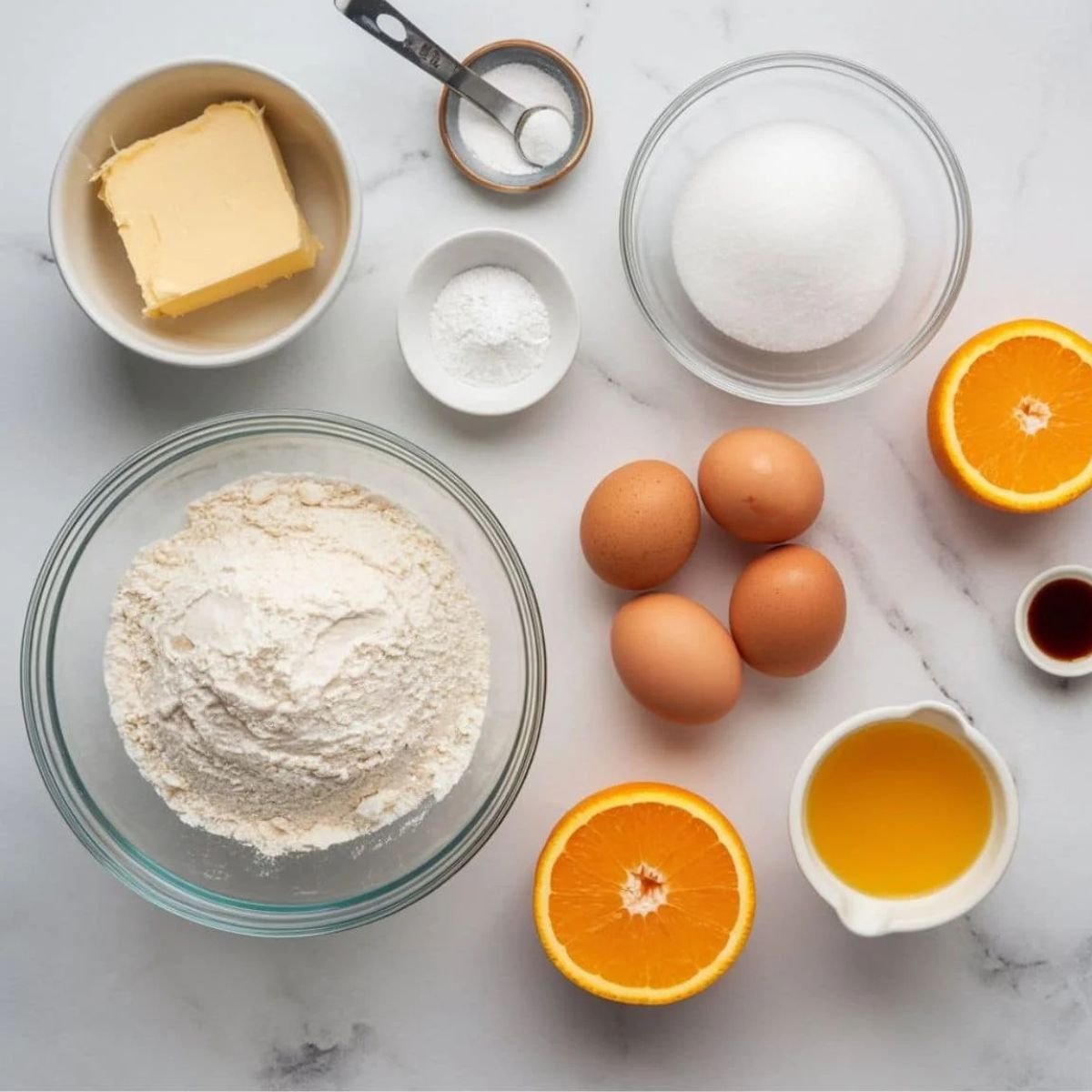 Essential ingredients for an Orange Cake Recipe, including flour, sugar, eggs, butter, fresh orange juice, vanilla extract, and baking powder on a white marble surface. Perfect for homemade citrus baking.